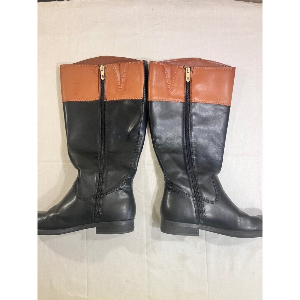 Tommy Hilfiger Womens Black Tan Leather Riding Boots Wide Calf 8.5M WC Medallion